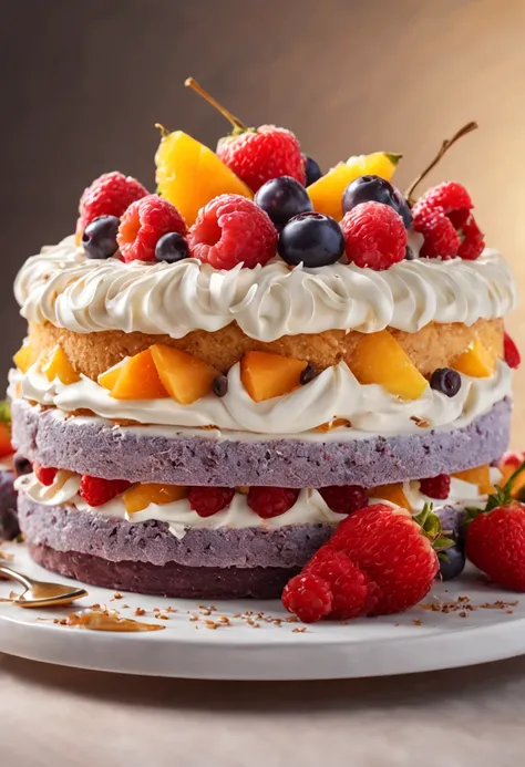 A delicious cake made with rich cream and fluffy sponge, adorned with vibrant fruits and chocolate shavings. (best quality,4k,8k,highres,masterpiece:1.2),ultra-detailed,(realistic,photorealistic,photo-realistic:1.37),fine texture and intricate design, mout...