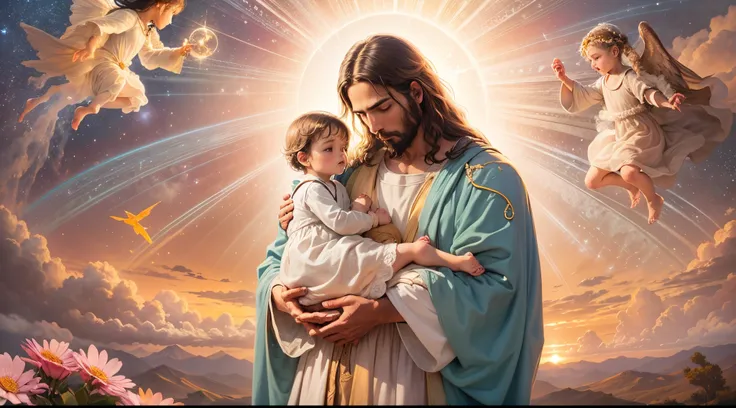 Closeup of an image of Jesus Christ praying and holding a child, perfeito, Reslistic, Biblical setting, celestial scenery, sol e nuvens ultras realistas, flores e velas, Jesus illuminated from heaven, Passes em segundo plano, flores coloridas, velas acesas