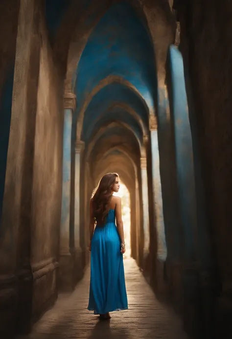 young female adult with long beautiful brown hair, she is wearing a nice blue summerdress when she finds a secret corridor that leads into a new mystical world thats filled with all the fantasy beings