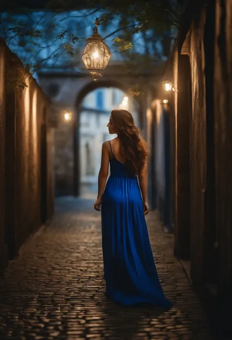 young female adult with long beautiful brown hair, she is wearing a nice blue summerdress when she finds a secret corridor in a small ally in the midst of Berlin that leads into a new mystical world that is filled with all the fantasy beings. small lightni...