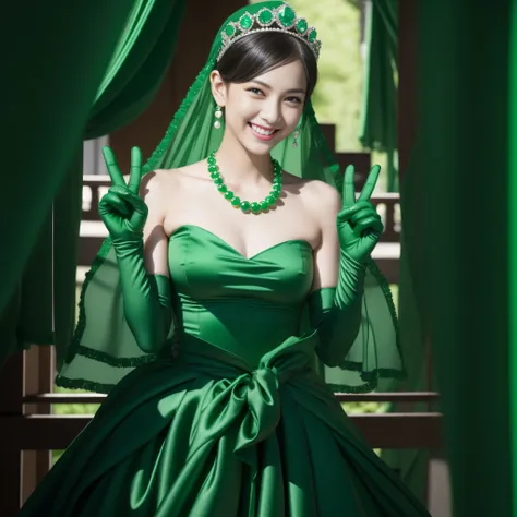 emerald tiara, Green Pearl Necklace, Boyish very short green hair, lipsticks, Japan woman smiling, very short short hair, big breasts beautiful, Green eyes, Long green gloves made of satin material, Green eyes, v sign,V-sign with both hands, Emerald Earrin...