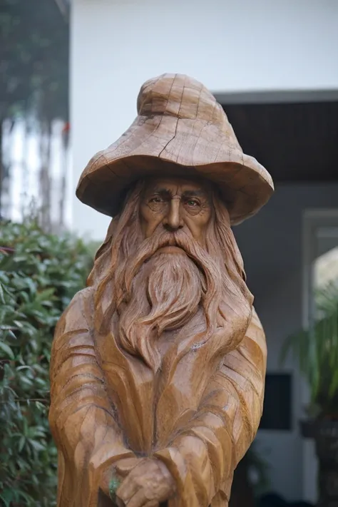 Arafed statue of a man with a hat and a beard, wooden statue, of an evil tree wizard, Retrato de Gandalf, Retrato de um bruxo, escultura em madeira, Gandalf, escultura de madeira, Retrato de Merlin, mago, escultura em madeira profissional, escultura feita ...