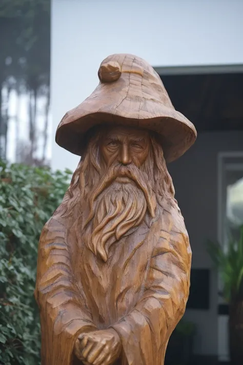 Arafed statue of a man with a hat and a beard, wooden statue, of an evil tree wizard, Retrato de Gandalf, Retrato de um bruxo, escultura em madeira, Gandalf, escultura de madeira, Retrato de Merlin, mago, escultura em madeira profissional, escultura feita ...