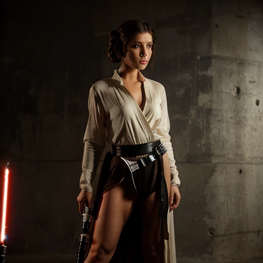 princess leia holding a lightsaber full body shot