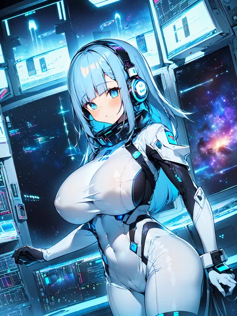 ​masterpiece:1.4, 1girl in ((20yr old, Wearing a futuristic white and silver costume, Tight Fit Bodysuit, long boots, Very gigantic-breasts, (Colorful blue hair):1.3, a short bob, Perfect model body, Blue eyes:1.2, Wearing headphones, Looking out the windo...