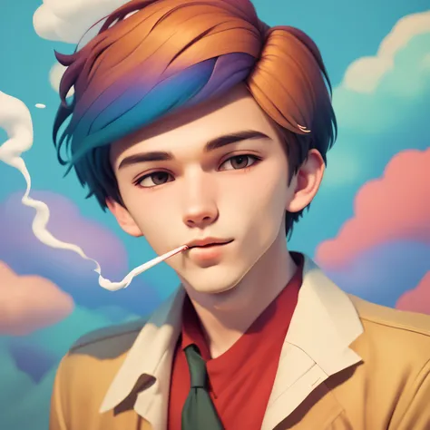 Colorful and calming cartoon image of a young man smoking