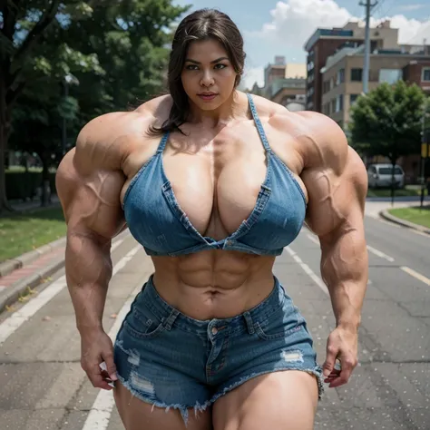 A HD 4K Photo of a beautiful, huge, enormous, buff, giant, Asian, Female bodybuilder, muscle goddess, huge arms and huge legs, giant boobs, enormous muscles, big beautiful eyes, long hair, walking barefoot between cars in London, wearing a ripped denim jac...