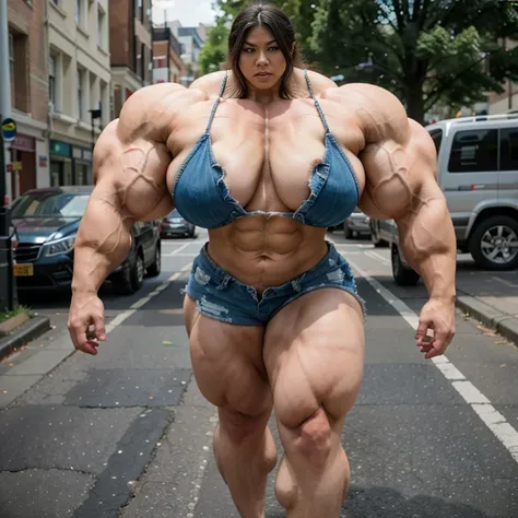 A HD 4K Photo of a beautiful, huge, enormous, buff, giant, Asian, Female bodybuilder, muscle goddess, huge arms and huge legs, giant boobs, enormous muscles, big beautiful eyes, long hair, walking barefoot between cars in London, wearing a ripped denim jac...