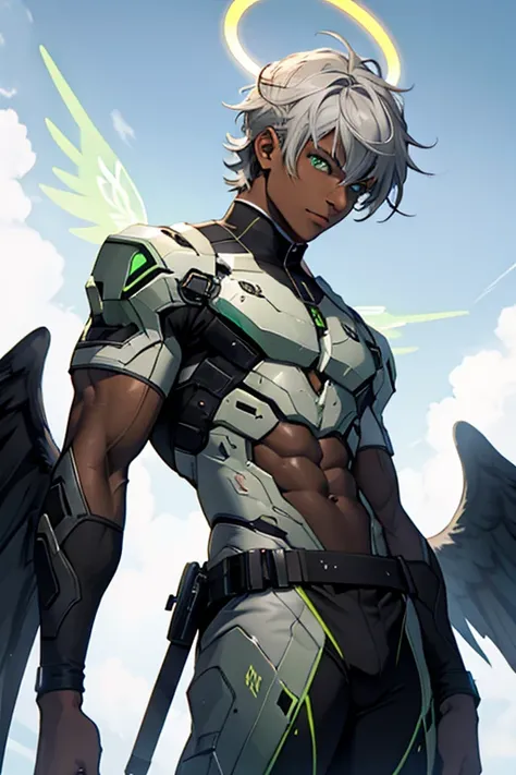 man, dark skin, glowing halo, green eyes, gray hair, angel wings, sexy incubus outfit, abs