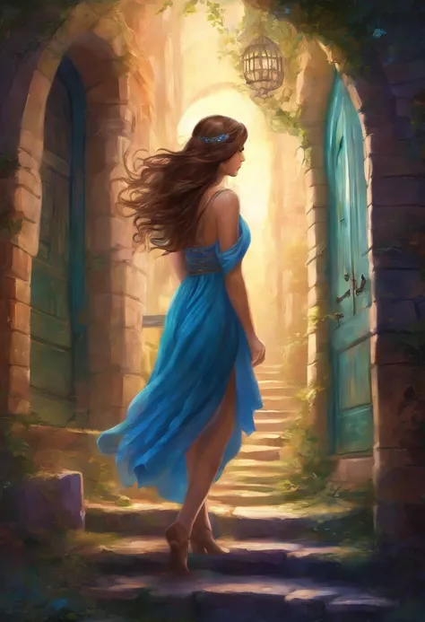 young female adult with long beautiful brown hair, she is wearing a nice blue summerdress when she finds a secret door in a small alleyway in the center of Berlin that leads into a new mystical world