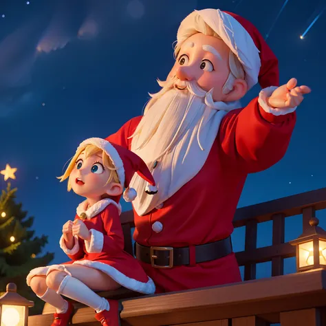 Emily and Santa looking up at the night sky。the stars are shining、The sky is surrounded by a beautiful night view。