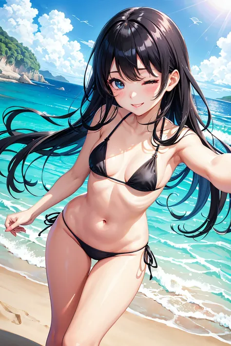 Selfie,Beautiful illustration、masutepiece, top-quality ((Beach)), 1 girl,Cute little girl s、minigirl, 4th grade elementary school student、make up, Standing, Seductive smile, Black hair, Twin-tailed ,Blue eyes、one eye closed, (Black Micro Bikini), (high leg...