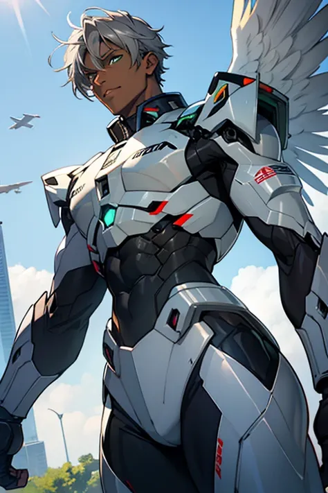 man, dark skin, green eyes, gray hair, angel wings, sexy mecha outfit, abs