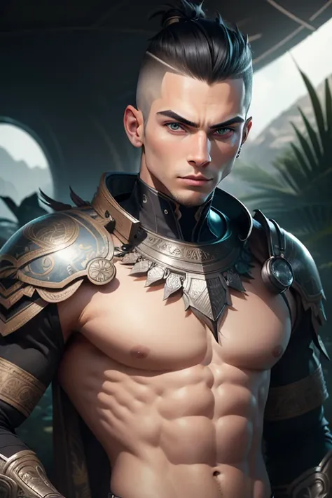 ((La mejor calidad)), ((Obra maestra)), (Detallado), Cara perfecta A highly detailed photograph of a white 18-year-old men sexy handsome , blue eyes,serious, angry, warrior. side shaved hairstyle short hairstyle on top black hair, clean face without imperf...