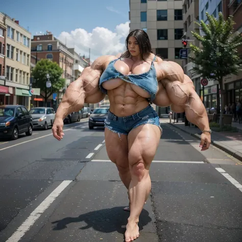 A HD 4K Photo of a beautiful, huge, enormous, buff, giant, Asian, Female bodybuilder, muscle goddess, huge arms and huge legs, giant boobs, enormous muscles, big beautiful eyes, long hair, walking barefoot between cars in London, wearing a ripped denim jac...