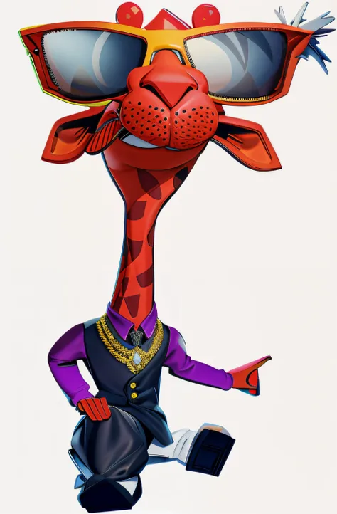 cartoon giraffe with sunglasses, hat and tie, long neck, NO long neck, very long neck, long necks, Lowres, alto, Caractere mesclado, imagem dos desenhos animados, Arte Oficial, mascote de corpo inteiro, his trunk is a long tentacle, he has an elongated hea...