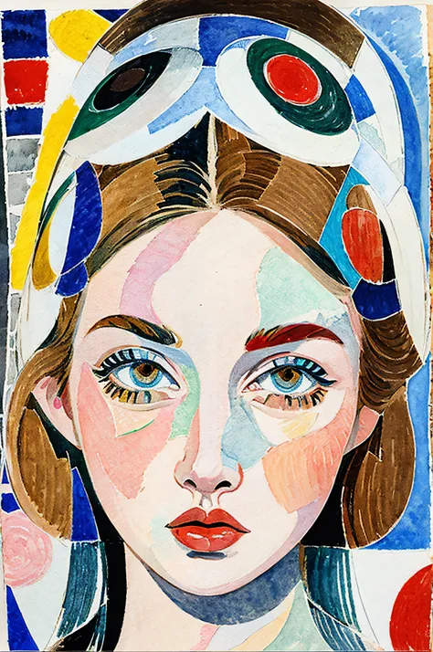 Sketched, watercolor paiting, Collage of Picasso and Robert Delaunay, cubism, Abstract, Cute daughter, big clear blue eyes, Little red cheeks, Blonde long-haired, Face-centric, Against the backdrop of newspapers and fashion magazines, Intricate Brushwork, ...