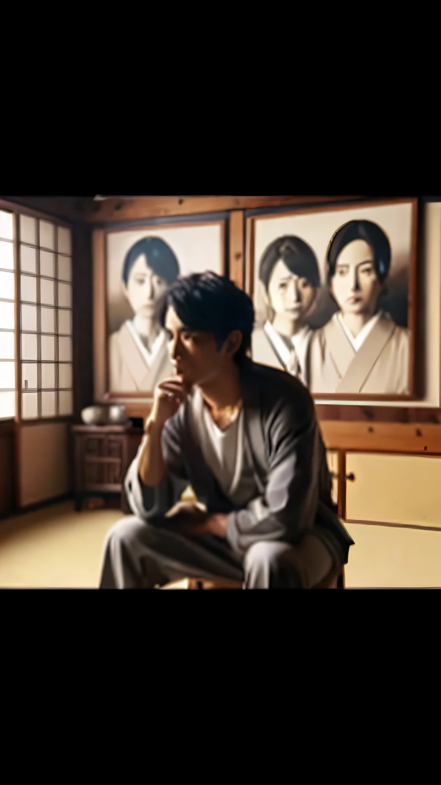 A man is sitting on a bed in a room with pictures on the wall, anime poster film still portrait, anime still film anime shikishi, live action movie scene, japanese live action movie, still from live action movie, masayoshi suto and artgerm, style of hajime...