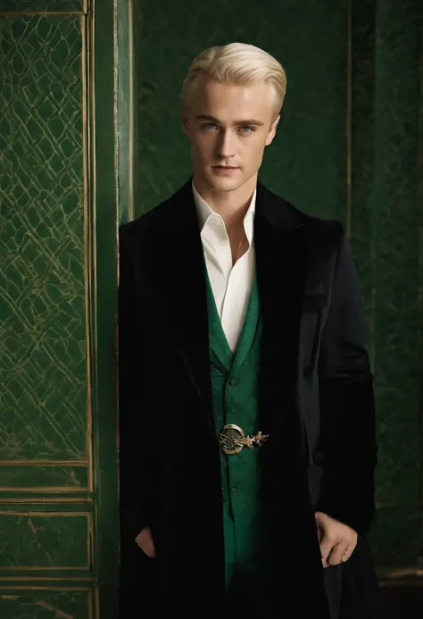 A photo of Draco Malfoy standing in a luxurious private box at a high-profile fashion show, carefully studying the latest designer collections.,Harry Potter series,Draco is tall with neat platinum blonde hair, icy blue eyes, wears Slytherin Hogwarts robes,...