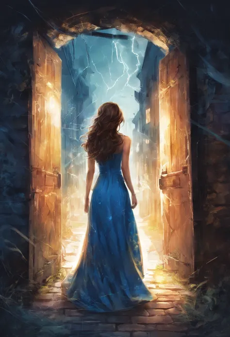 young female adult with long beautiful brown hair, she is wearing a nice blue summerdress when she finds a secret door in a small alleyway in the center of Berlin that leads into a new mystical world, where blue lightnings surrounds her like an auro