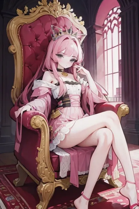 A pink haired queen is sitting on her throne