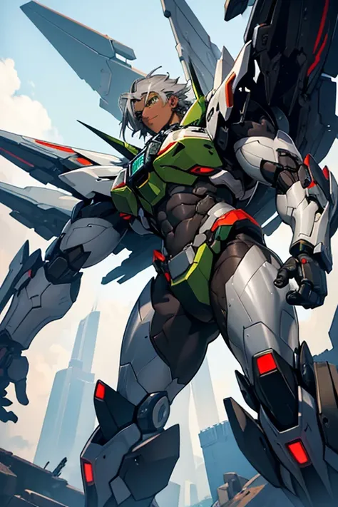 man, dark skin, green eyes, gray hair, mecha wings, sexy mecha outfit, abs