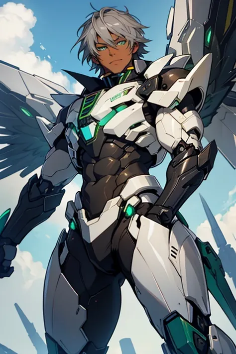 man, dark skin, green eyes, gray hair, mecha wings, sexy mecha outfit, abs