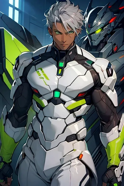 man, dark skin, green eyes, gray hair, chest window sexy mecha outfit, abs