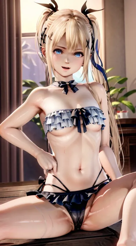 (marie rose 1.5),(NSFW1.5),1 rapariga,, blonde hair with black ribbon in hair, Twin-tailed hair, blue eyes, a gorgeous&petite body, muscular belly, wide  hips, big breasts thin waist, Perfect hands, Perfect fingers, perfect and beautiful feet, Wearing a ve...