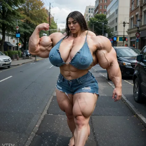 A HD 4K Photo of a beautiful, huge, enormous, buff, giant, Asian, Female bodybuilder, muscle goddess, huge arms and huge legs, giant boobs, enormous muscles, big beautiful eyes, long hair, walking barefoot between cars in London, wearing a ripped denim jac...