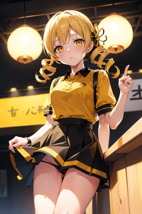 masutepiece, Best Quality, 1girl in, (Mami Tomoe), Blonde hair, Drill Hair, twin drills, (Yellow eyes:1.2), evening, Sunset,、((Photo from directly below))、((Black panties))、((Cheergirl clothes))、((Yellow polo shirt))、((Black miniskirt))