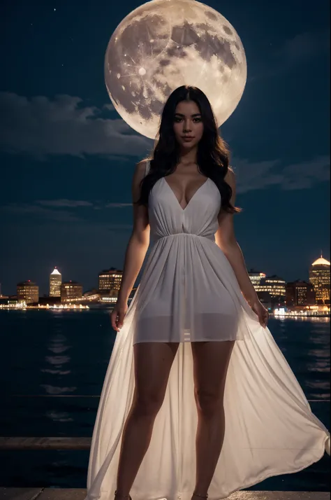 [[Lili.v2]], a woman, full moon, with a sky background and cityscapes, giant moon, cinematic, beautiful lady, 30 years old, Boston harbor, night panoramic shot, sexy long dress, semi-transparent dress, wind blowing the dress and her long hair.