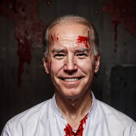 Joe Biden smiling covered in blood