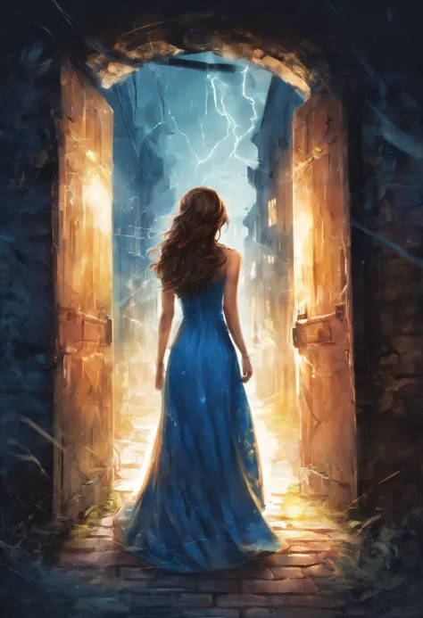 young female adult with long beautiful brown hair, she is wearing a nice blue summerdress when she finds a secret door in a small alleyway in the center of Berlin that leads into a new mystical world, where blue lightnings surrounds her like an auro