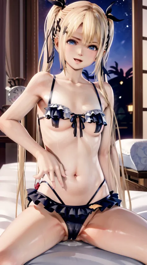 (marie rose 1.5),(NSFW1.5),1 rapariga,, blonde hair with black ribbon in hair, Twin-tailed hair, blue eyes, a gorgeous&petite body, muscular belly, wide  hips, big breasts thin waist, Perfect hands, Perfect fingers, perfect and beautiful feet, Wearing a ve...