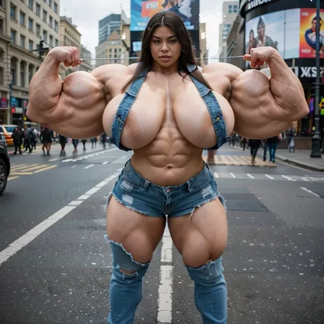 A HD 4K full body Photo of a beautiful, huge, enormous, buff, giant, Asian, Female bodybuilder, muscle goddess, huge arms and huge legs, giant boobs, enormous muscles, big beautiful eyes, long hair, flexing in Piccadilly Circus London, wearing a ripped den...