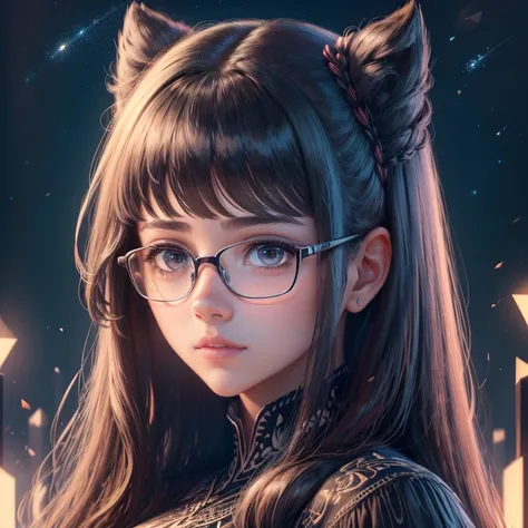 Beautiful girl with brown eyes, Long Black Hair, Wearing Glasses, Half Profile, Night Sky in the background,(Ultra Realistic), (Illustration), (High Resolution), (8K), (Very Detailed), (Best Illustration), (Beautiful and Detailed Eyes), (Best Quality), (Ul...