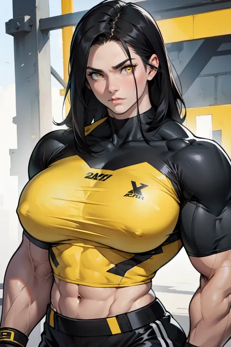 girl huge muscles huge breasts pale skin black hair yellow eyes huge muscles huge muscles tight shirt