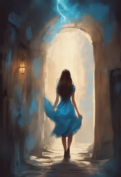 young female adult with long beautiful brown hair, she is wearing a nice blue summerdress when she finds a secret door in a small alleyway in the center of Berlin that leads into a new mystical world, where small blue lightnings radiates from her hands