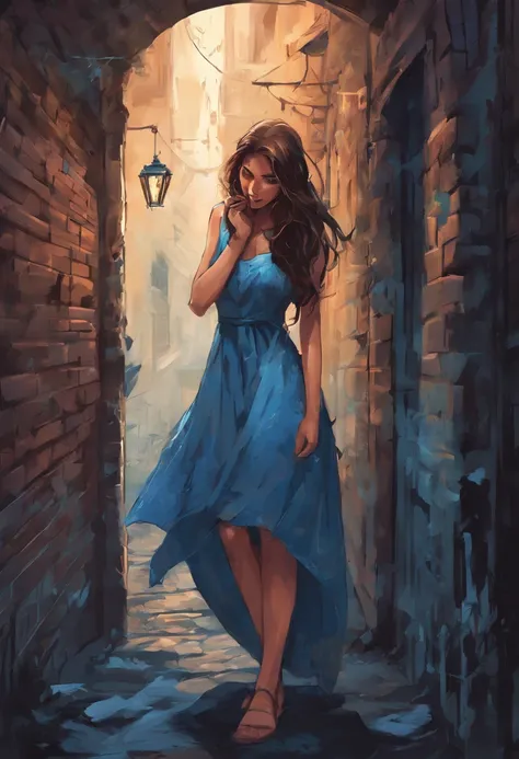 young female adult with long beautiful brown hair, she is wearing a nice blue summerdress when she finds a secret door in a small alleyway in the center of Berlin that leads into a new mystical world, where small blue lightnings radiates from her hands