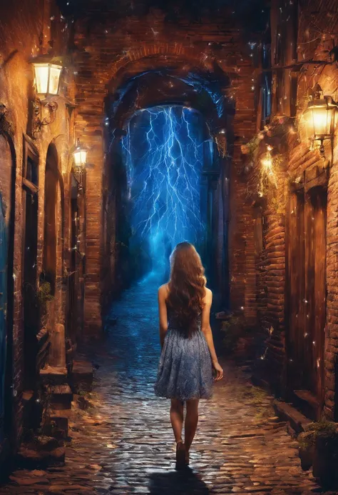 young female adult with long beautiful brown hair, she is wearing a nice blue summerdress when she finds a secret door in a small alleyway in the center of Berlin that leads into a new mystical world, where small blue lightnings radiates from her hands