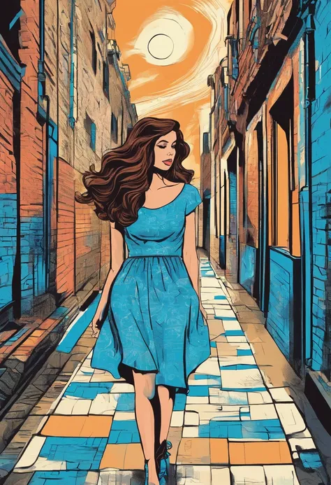 young female adult with long beautiful brown hair, she is wearing a nice blue summerdress when she finds a secret door in a small alleyway in the center of Berlin that leads into a new mystical world, where small blue lightnings radiates from her hands