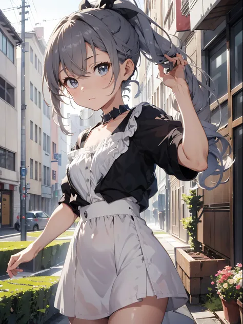 Exquisite masterpiece, Best Quality, Illustration style, Anime Girl, Beautiful eyes, Close one eye, Natural expression, gray curly ponytail, light tone dress, Small, Heartwarming, Body movements full of tension, youthful and beautiful, mobile capture, pict...