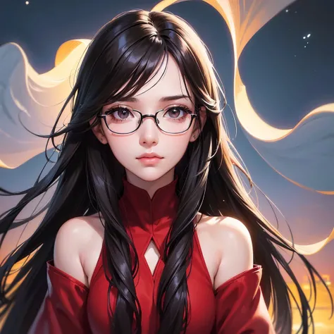 Girl with long black hair, Detailed Brown Eyes, Wearing Red Glasses, Soft Smile, Half Profile, (Ultra High Resolution), Half Profile, Night Sky in the background,(Ultra Realistic), (Illustration), (High Resolution), (8K), (Very Detailed), (Best Illustratio...