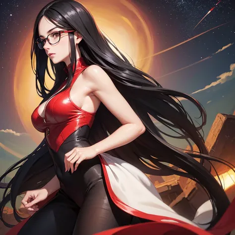 Girl with long black hair, Detailed Brown Eyes, Wearing Red Glasses, Soft Smile, Half Profile, (Ultra High Resolution), Half Profile, Night Sky in the background,(Ultra Realistic), (Illustration), (High Resolution), (8K), (Very Detailed), (Best Illustratio...