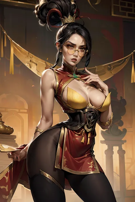 (Obra maestra:1.4), (La mejor calidad:1.2), firecracker vayne, 1girl, glasses, china dress, hair ornament, ribbon, pantyhose, ponytail, (big tits:1.1), beautiful face, perfect anatomy body proportions,  sensual + sophisticated, glamorous, provocative, eleg...