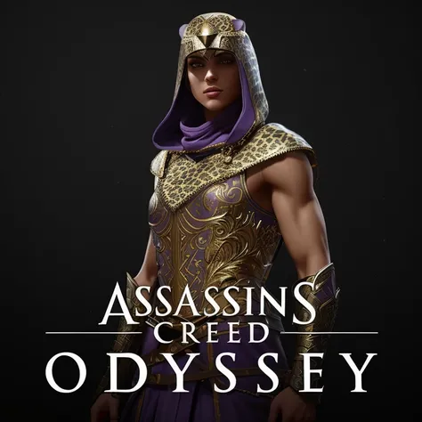 a close up of a person in a costume with a hood on, assassin, - leopard themed robes and hat, key art, as seen on artstation, ancient greek , dynasty, full body close-up shot, purple brass armor, female,