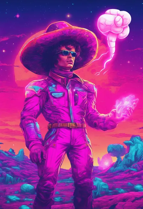 A pink cowboy alien standing in a desolate wasteland, with a weary expression on its face. In the distance, a giant ((((marshmallow)))) looms, emitting an eerie glow. The aliens cowboy hat is slightly askew, and its metallic body bears scars and scratches ...