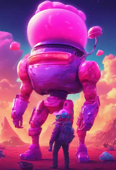 A pink cowboy alien standing in a desolate wasteland, with a weary expression on its face. In the distance, a giant ((((marshmallow)))) looms, emitting an eerie glow. The aliens cowboy hat is slightly askew, and its metallic body bears scars and scratches ...