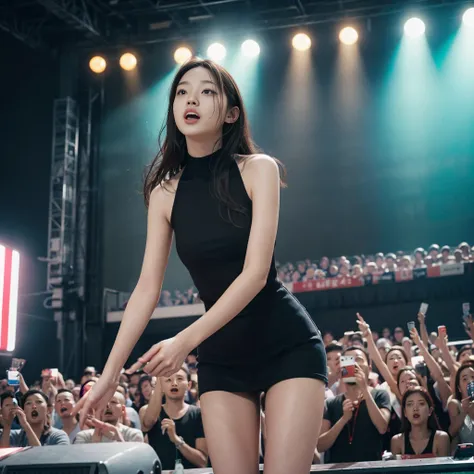 K-pop idols performing on stage, black short tight dresses, song performance, Kpop girl group, riotous atmosphere, stage above the hall, (best quality, 8k, 16k, highres, masterpiece:1.2), ultra-detailed, (realistic, photorealistic, photo-realistic:1.37), p...